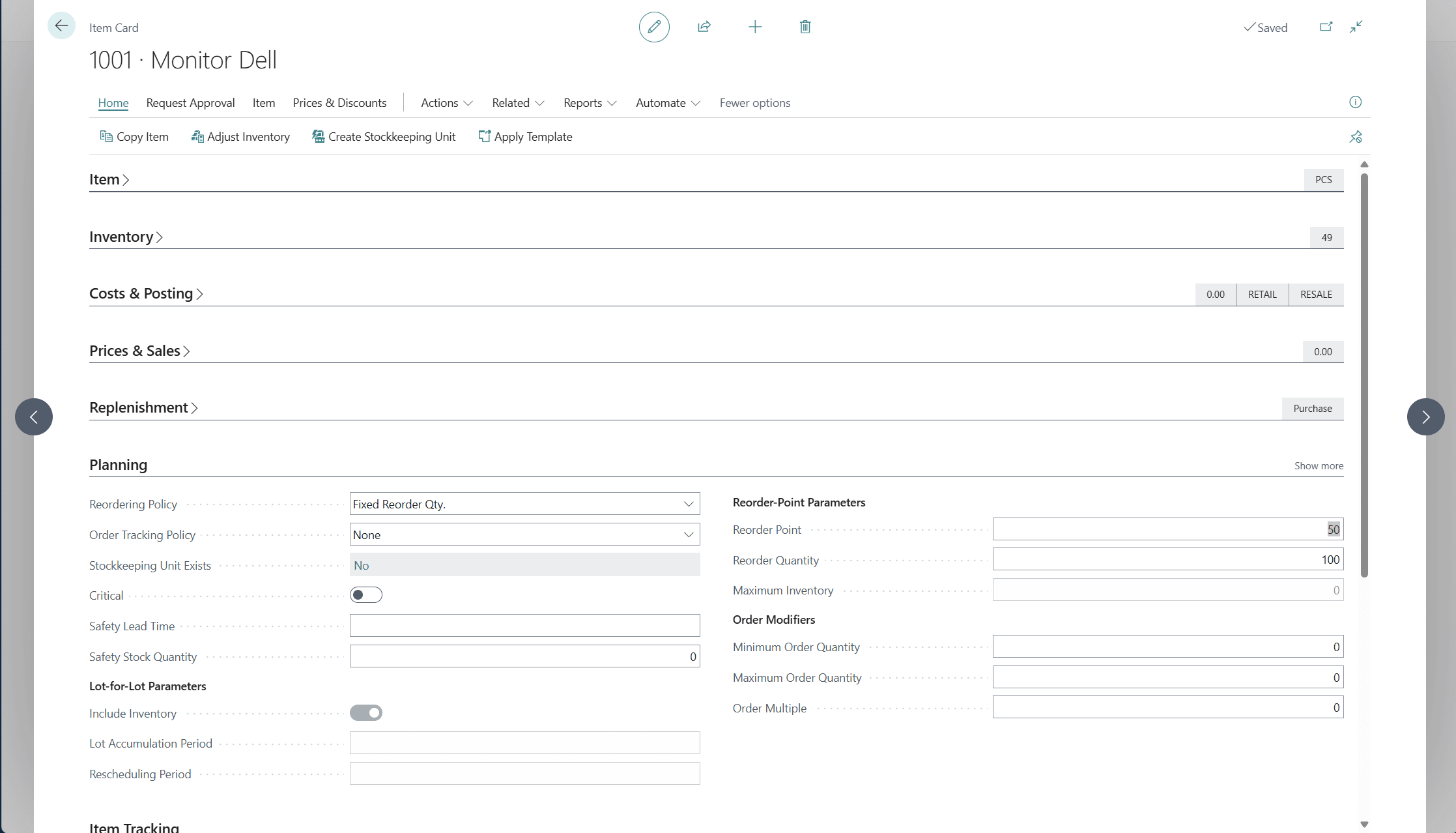 Fixed reorder qty in Business Central