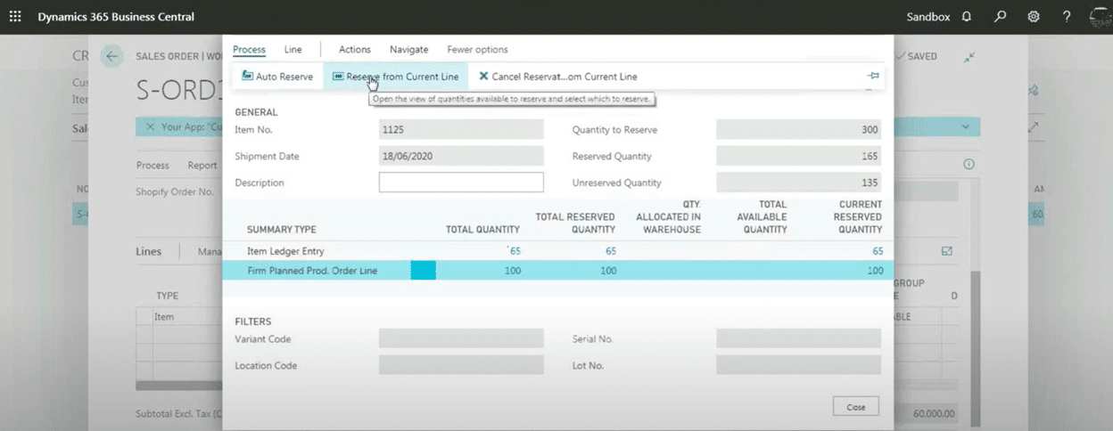 The reservation screen highlighting available inventory and the option to reserve against the sales order.