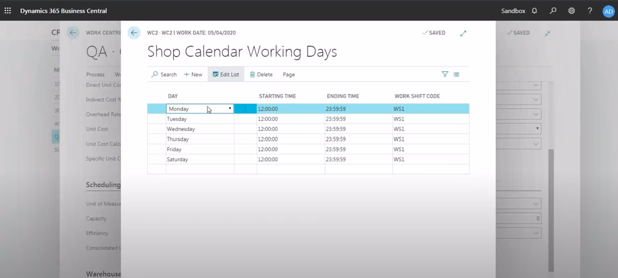 Shop Calendar in Business Central
